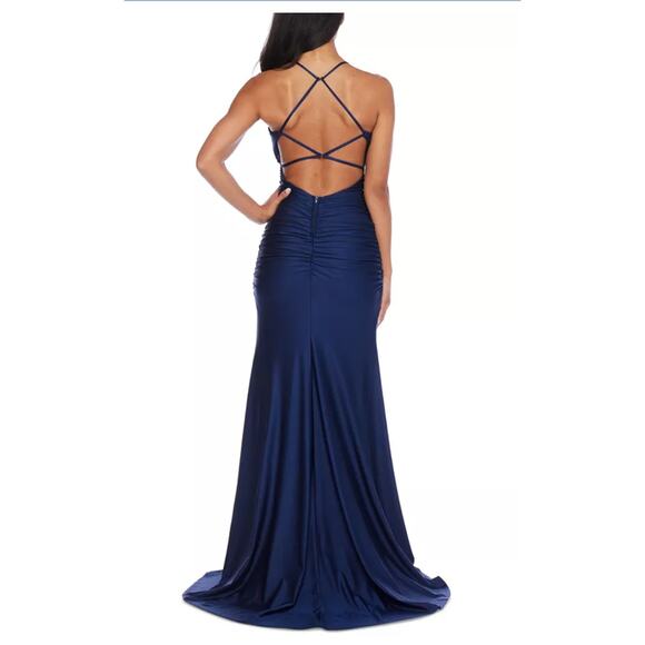 B Darlin Navy Blue Ruched Spaghetti Strap Backless Dress Size 1/2 - Picture 11 of 11